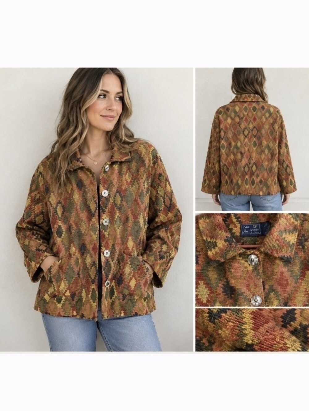 Jane Ashley Vintage Inspired Woven Button Up Jacket Earth Tones Women Sz L Boho